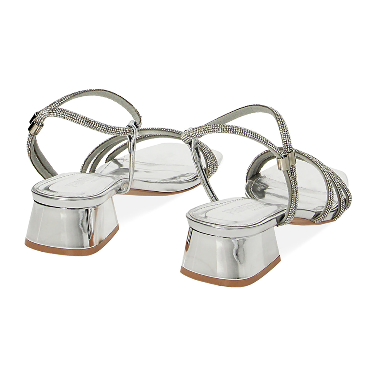 Sandalo donna argento a specchio, tacco 3,5 cm