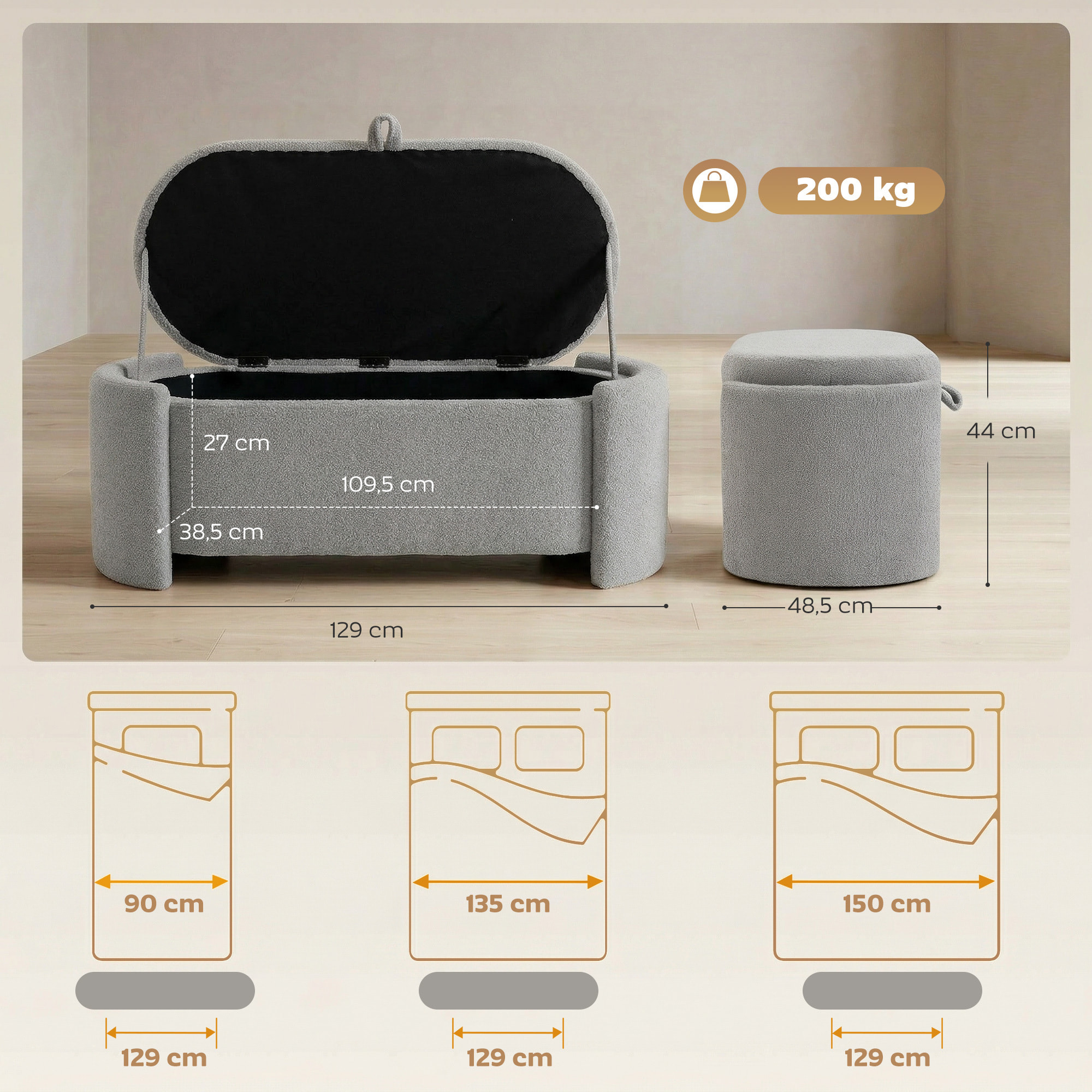 Puff Almacenaje, Banco Almacenaje Ovalado, 129x48,5x44 cm, Tapizado en Terciopelo de Teddy, Baúl de Almacenamiento, Carga 200 kg, Taburete para Sala de Estar, Dormitorio, Entrada, Gris Claro
