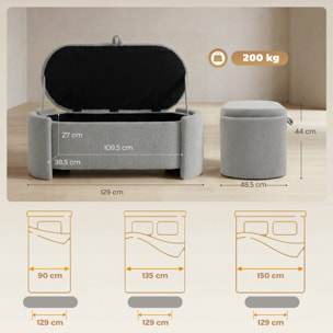 Puff Almacenaje, Banco Almacenaje Ovalado, 129x48,5x44 cm, Tapizado en Terciopelo de Teddy, Baúl de Almacenamiento, Carga 200 kg, Taburete para Sala de Estar, Dormitorio, Entrada, Gris Claro
