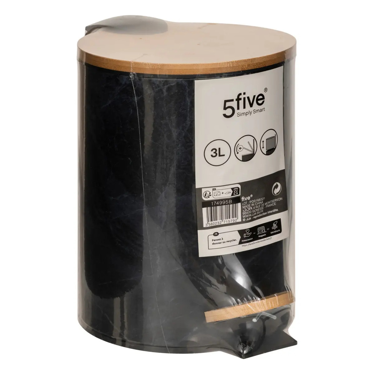Poubelle Soft close métal 3L "Lea" noir effet marbre