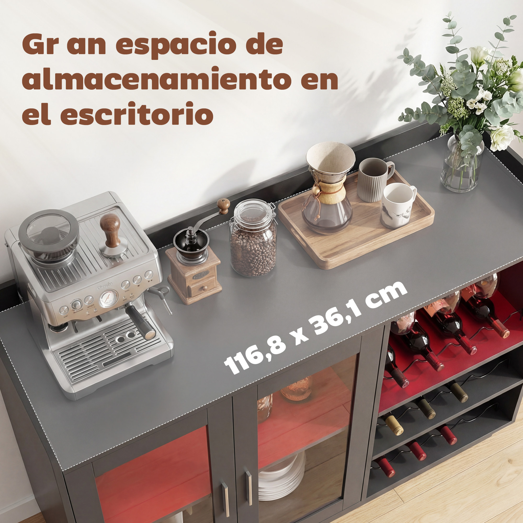 Mueble de Bar, Armario Buffet para Vinos con Luces LED RGB y Botellero para 12 Botellas, Aparador de Cocina con Estante Ajustable y Puertas de Cierre Suave, para Comedor, Salón, Negro