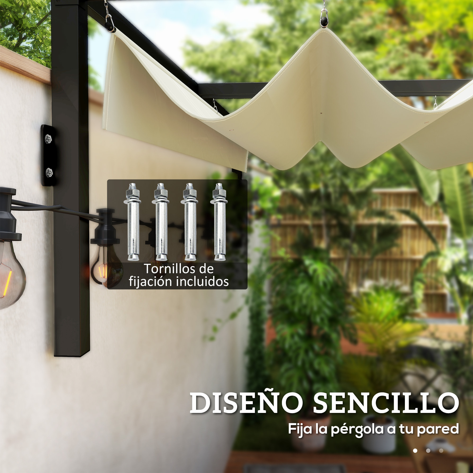 Pérgola con Techo Retráctil Pérgola de Pared 3x2 m Cenador con Tela de Poliéster Resistente al Agua Pabellón para Jardín Patio Terraza Exterior Crema