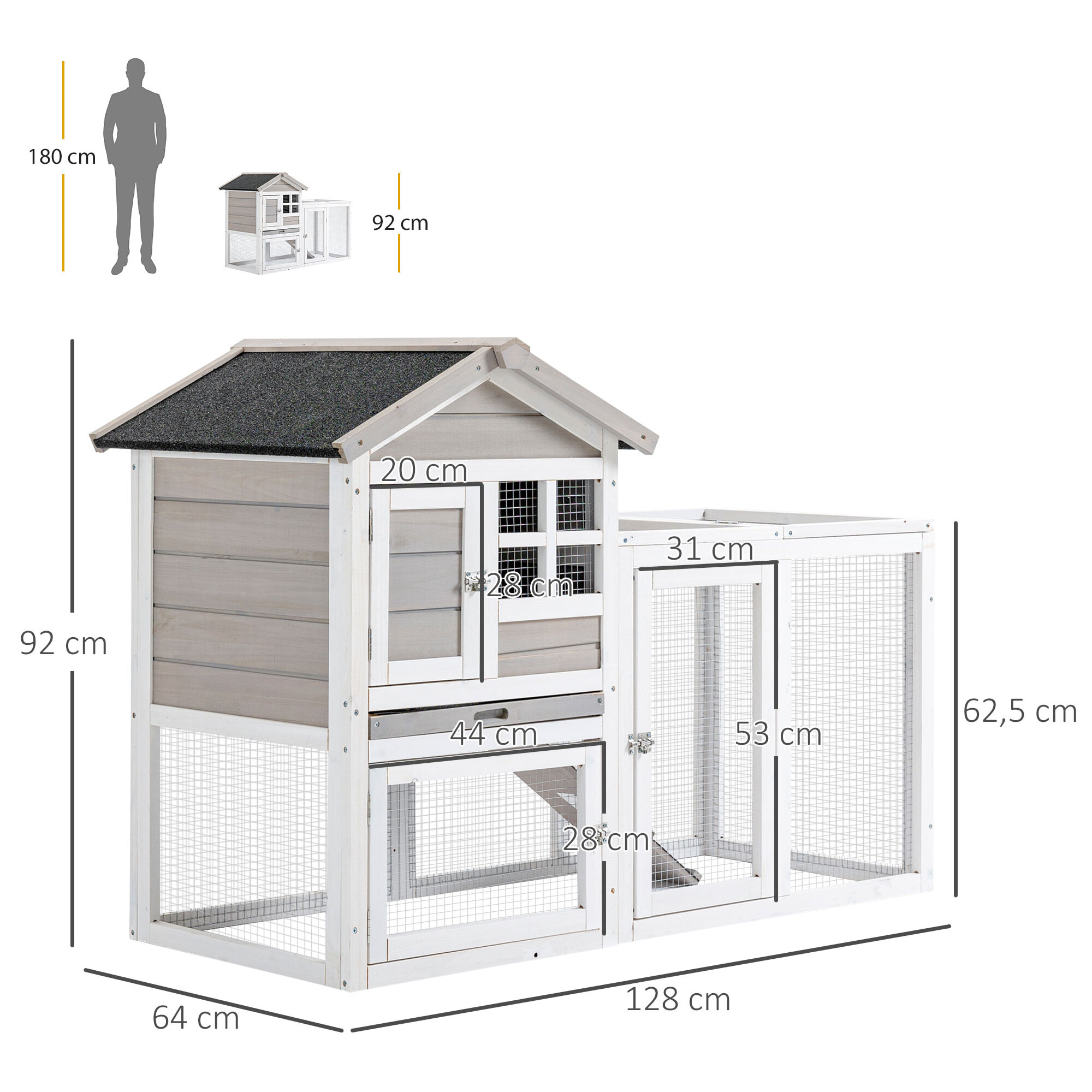 Clapier cage à lapins cottage - niche supérieure avec rampe et enclos extérieur - plateau excrément, toit bitumé, 4 portes verrouillables - bois sapin blanc gris