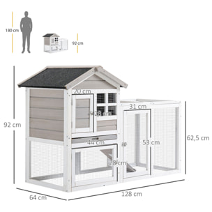 Clapier cage à lapins cottage - niche supérieure avec rampe et enclos extérieur - plateau excrément, toit bitumé, 4 portes verrouillables - bois sapin blanc gris