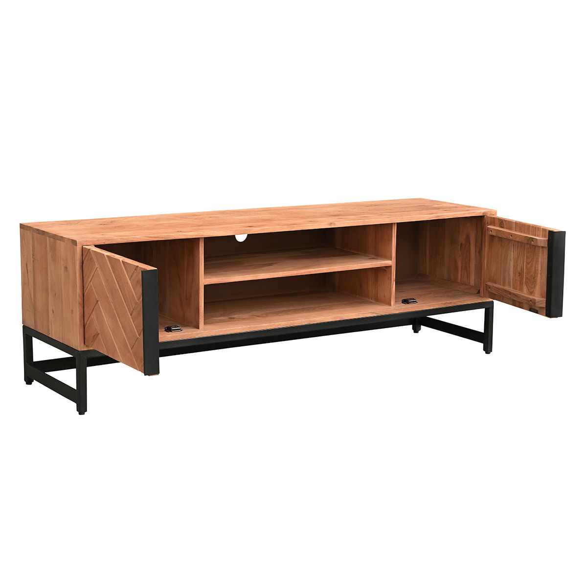 Meuble TV à motifs chevrons en bois massif et métal noir L158 cm STICK