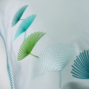 Taie d'oreiller satin de coton brodé blanc bleu Pistil aqua