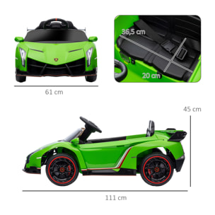 Coche Eléctrico Lamborghini para Niños de 3 a 6 Años Coche de Batería 12V Velocidad Max.7 km/h Puerta de Tijera con Control Remoto MP3 Luces y Cinturón de Seguridad 111x61x45 cm Verde