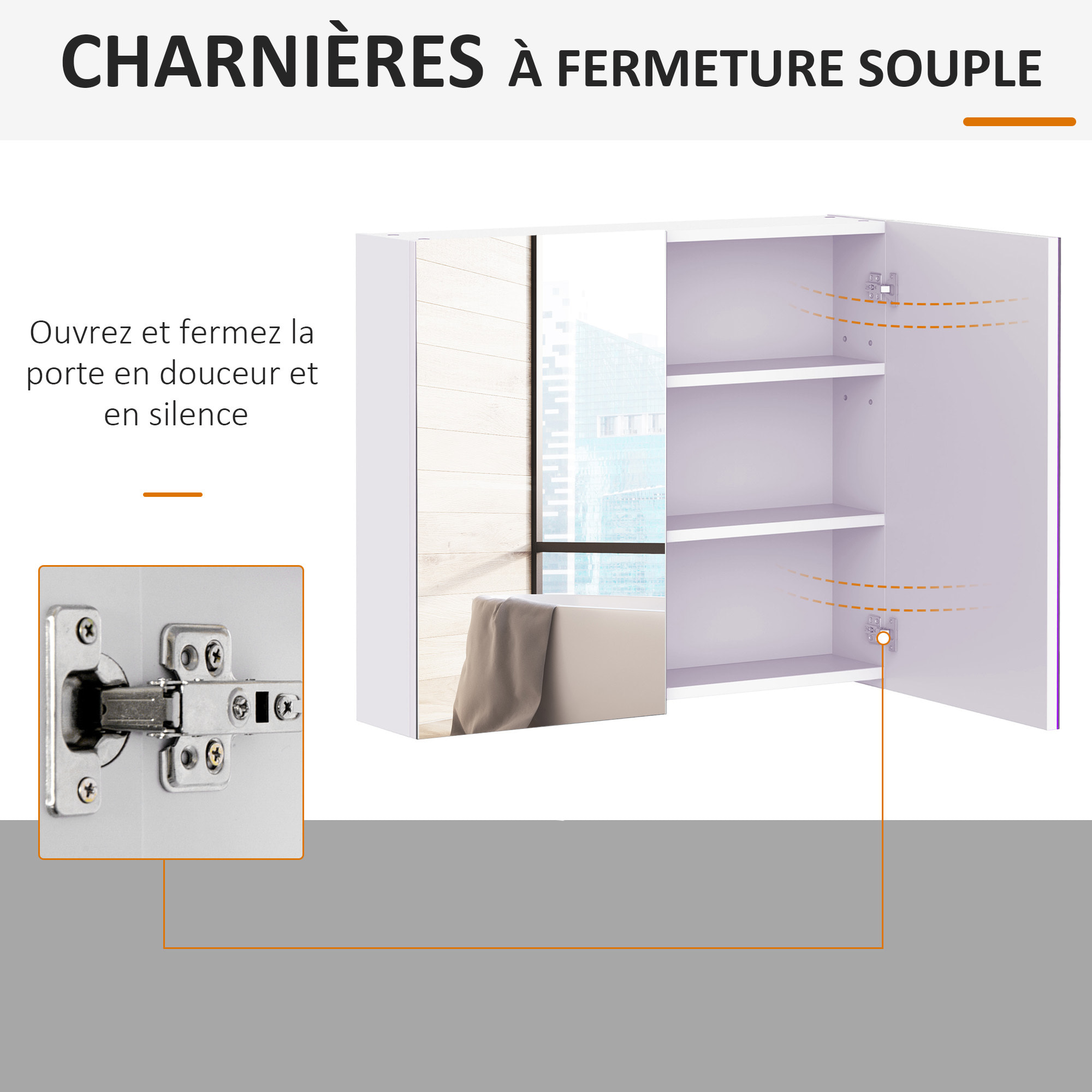Armoire miroir murale de salle de bain 3 étagères réglables dim. 70L x 60H cm blanc