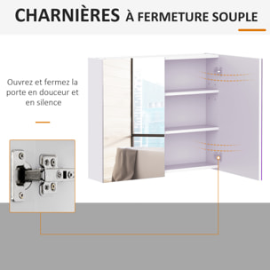 Armoire miroir murale de salle de bain 3 étagères réglables dim. 70L x 60H cm blanc
