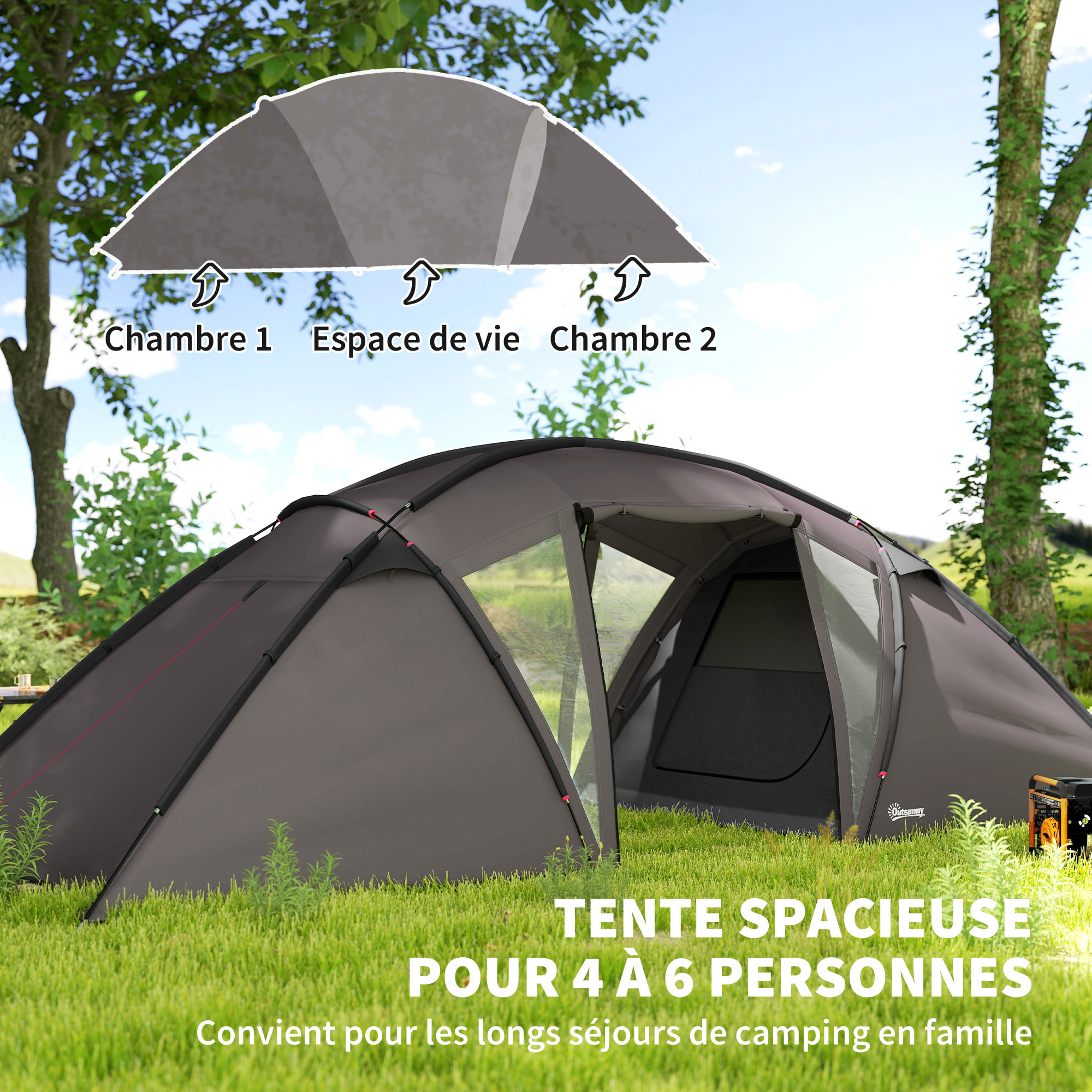Tente camping 6 places - tente tunnel familiale - imperméabilité 3000mm - dim. 6,15 x 2,35 x 1,95 m - sac inclus - gris