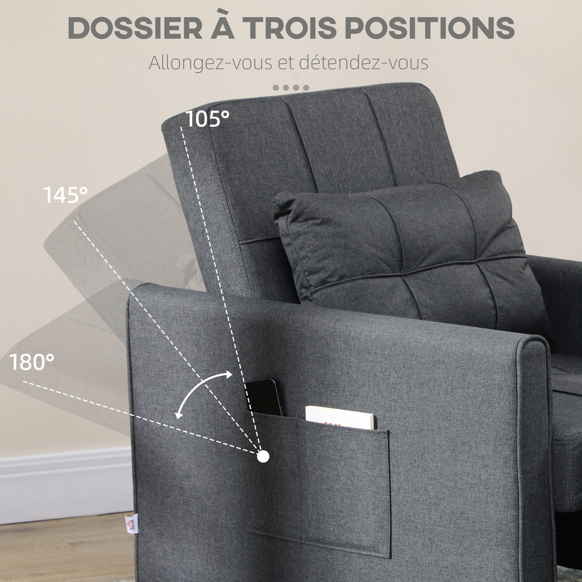 Fauteuil convertible 3 en 1 chaise longue lit dossier inclinable 3 positions coussin gris