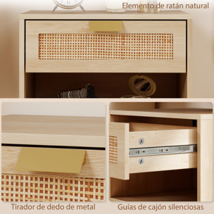 Juego de 2 Mesitas de Noche Flotantes, Mesillas de Noche Dormitorio con Cajón de Ratán, Estante Abierto, Ahorra Espacio, Diseño Nórdico, para Sala de Estar, 40x30x25 cm, Roble