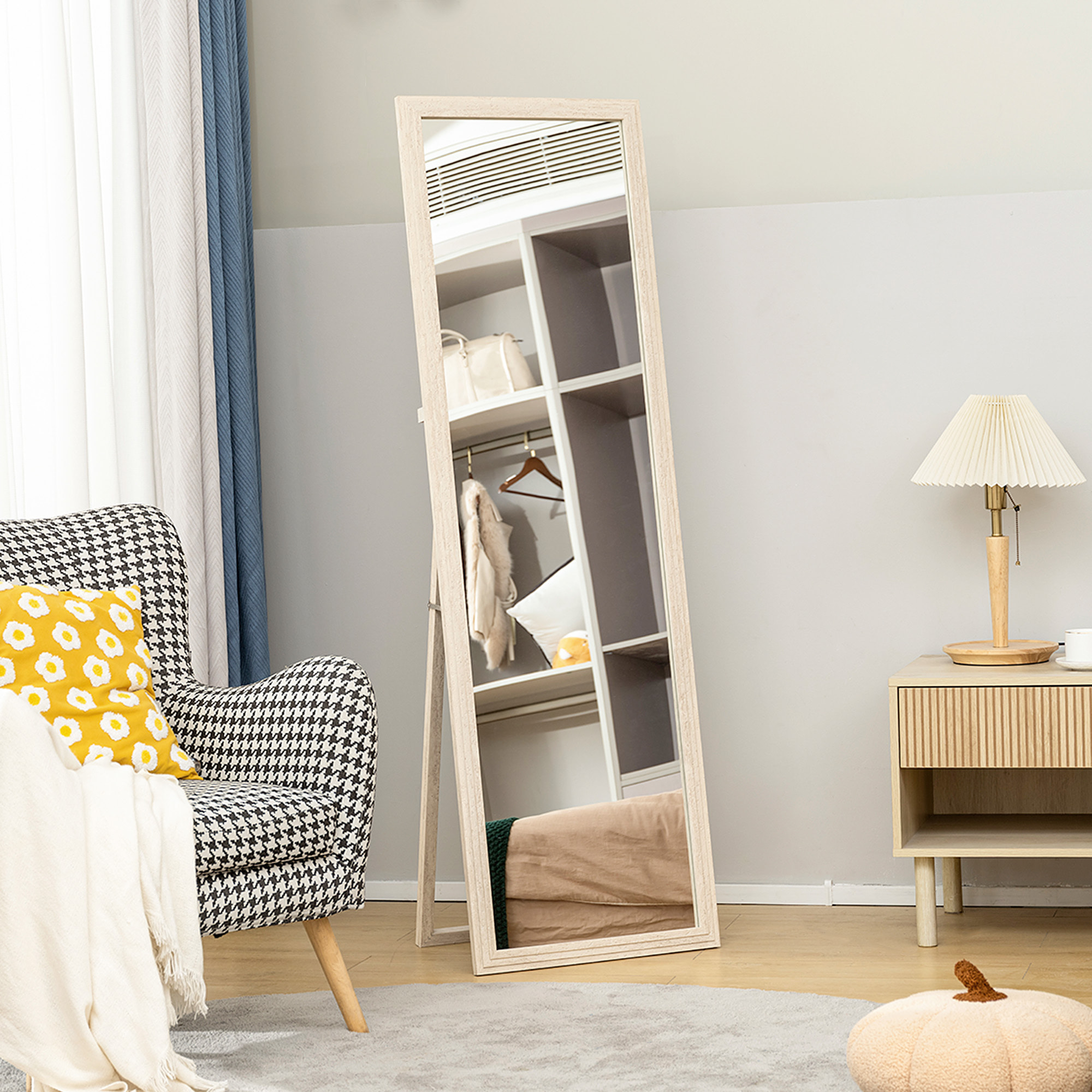 Miroir sur pied ou mural pleine longueur cadre effet travertin