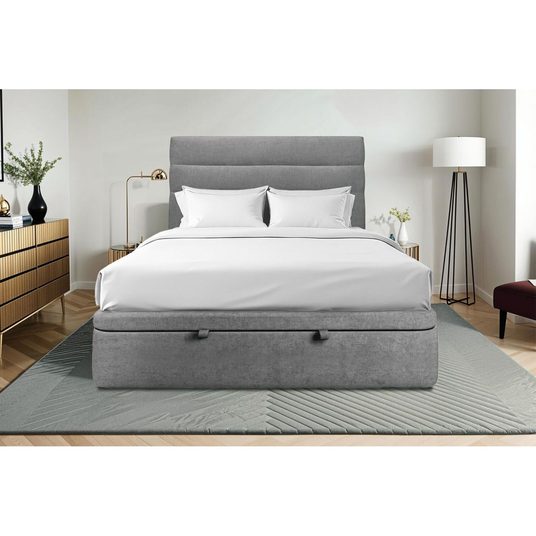 Lit avec sommier et tête de lit à lignes - Toile nattée au style contemporain - Adapté à tous les matelas, montage rapide - Lignes élégantes - Grand Rangement