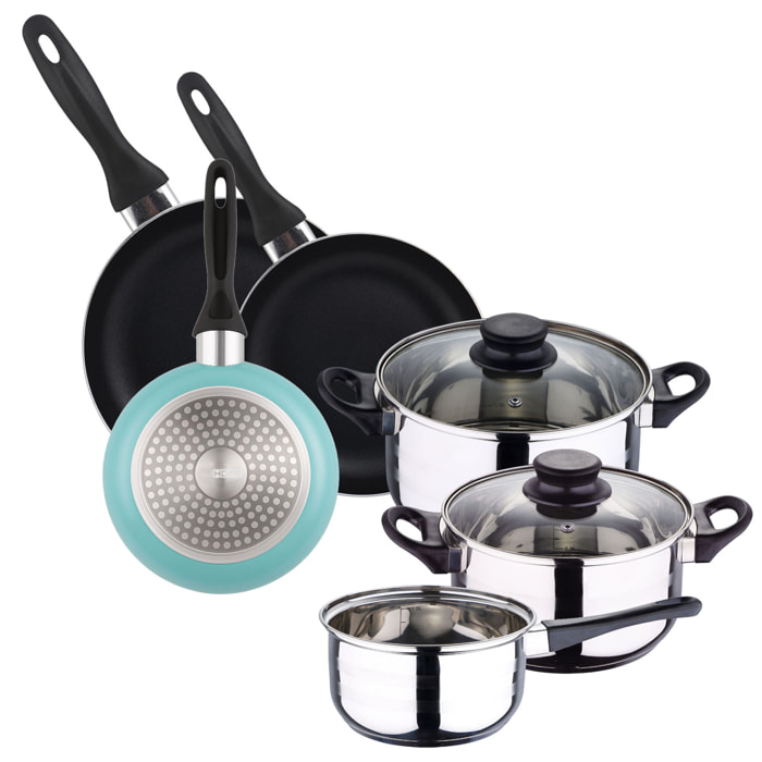 set de batería de cocina de 5pc en acero inoxidable + 3 sartenes ø16ø20ø24cm azul mate en aluminio prensado