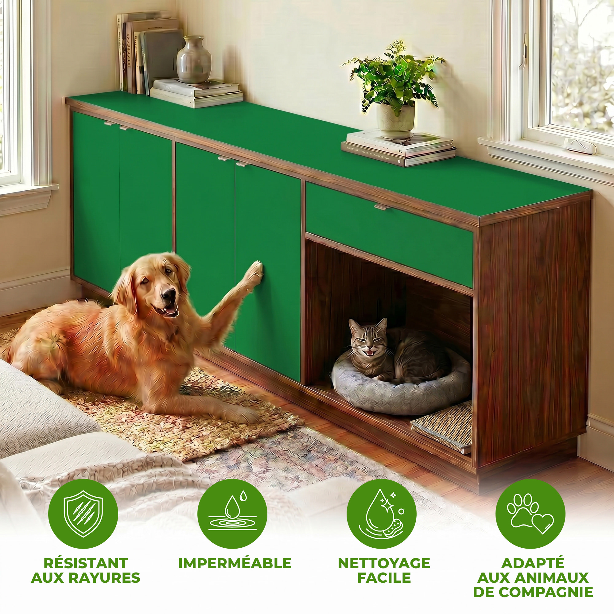 Rouleau adhésif décoratif Vinyle au Mètre - Vert cactus - Sticker Lavable Imperméable Mur Cuisine Meubles