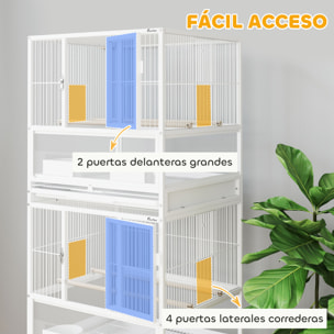 Jaula para Pájaros Jaula Grande de 2 Niveles con Ruedas Paneles Acrílicos Comederos Perchas Estante Bandejas Extraíbles Pajarera para Loros Canarios 48x46x134,5 cm Blanco