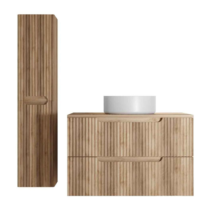 Meuble et colonne de Salle de Bains LEON 80cm Décor Bois - Façade Ondulée - Vasque Ronde 36cm