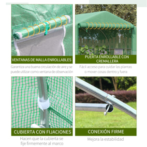 Invernadero de Túnel 3,5x3x2 m Invernadero de Jardín con Puerta y 6 Ventanas Enrollables de Polietileno Metal Galvanizado para Cultivos Plantas Flores Verde