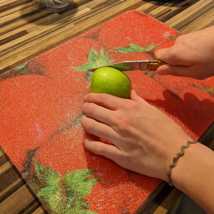 Planche à  découper et dessous de plat en verre motif fraises MSV