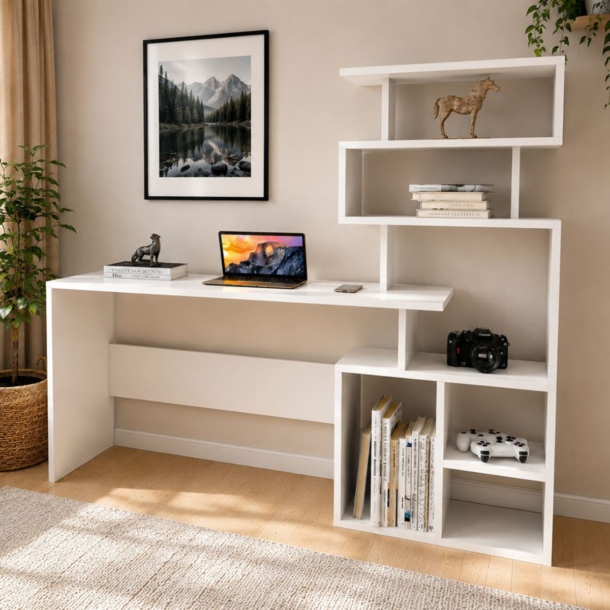 Bureau 190 cm avec étagères de rangement blanc ROPA