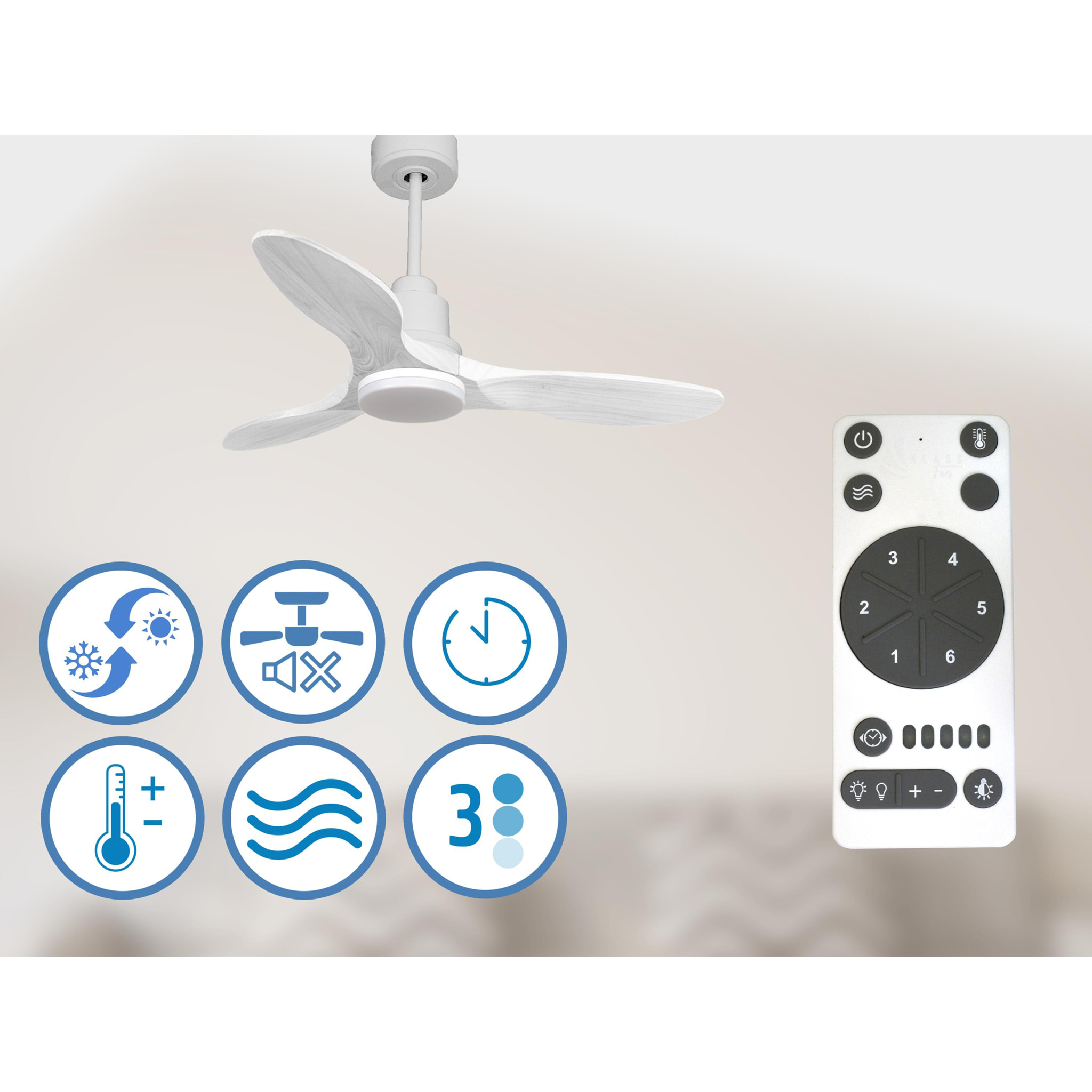 Ventilateur de plafond Réversible  Thermostat Dimmable Wifi Moteur à courant continu Toits en pente Télécommande Lumière à trois tons Hypersilence Mémoire