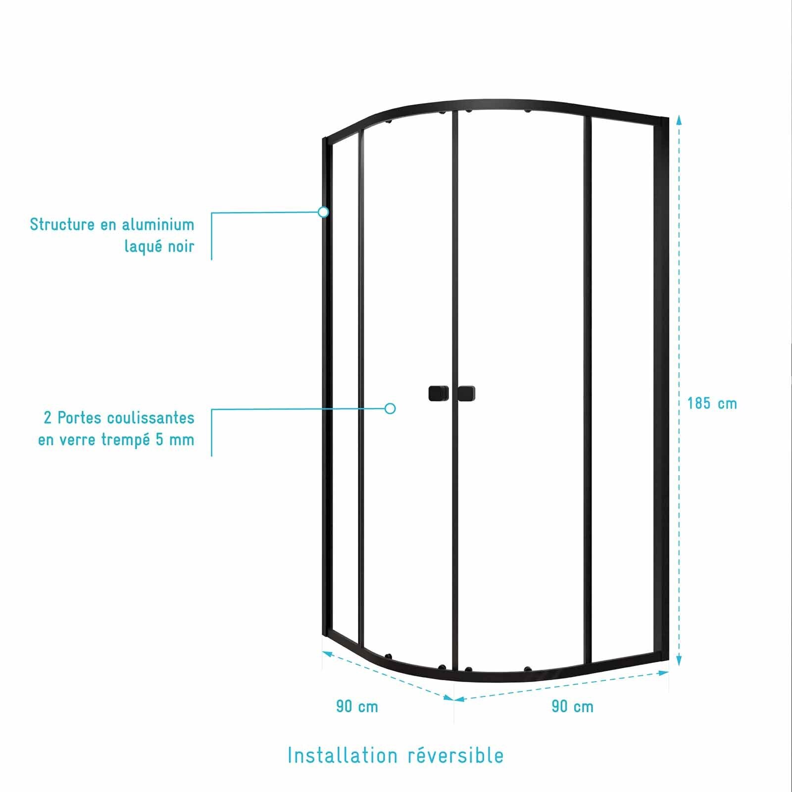 Ensemble portes de douche coulissantes quart de cercle Noir 90x90x185cm - BLACK SLIDE 90