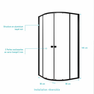 Ensemble portes de douche coulissantes quart de cercle Noir 90x90x185cm - BLACK SLIDE 90