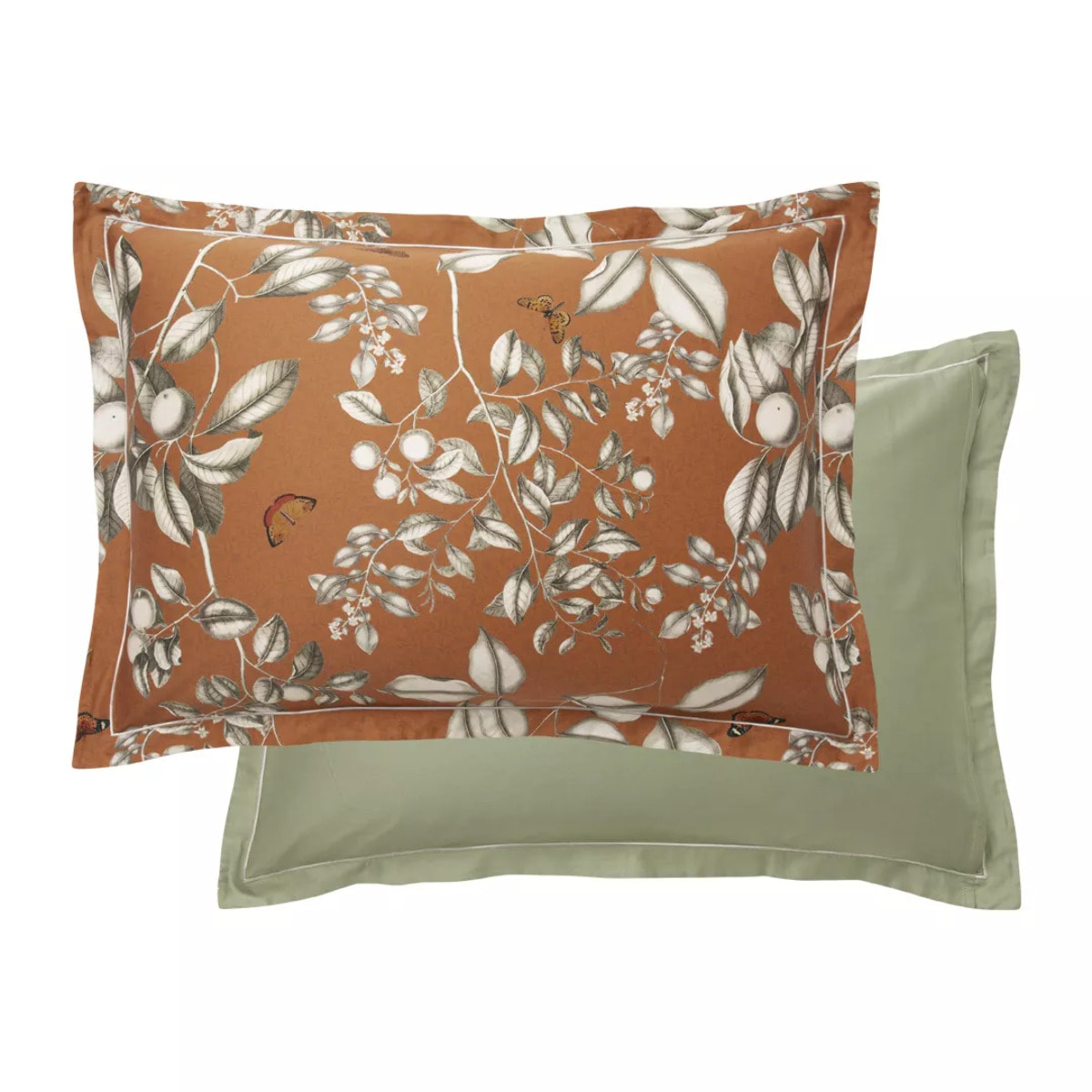 Taie d'oreiller satin de coton imprimé orange Fleurs d'oranger rouille
