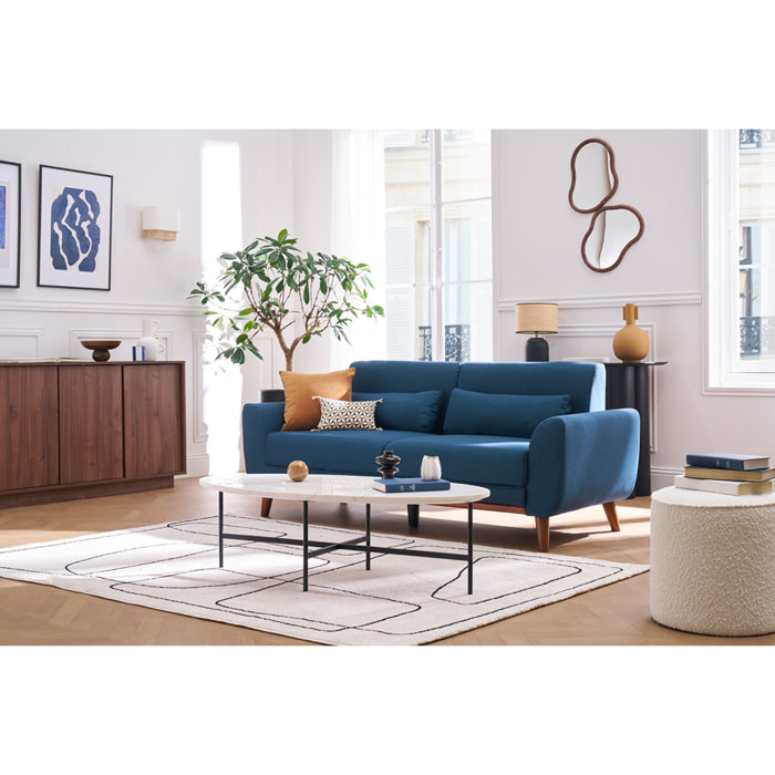 Canapé 3 places en tissu bleu foncé et bois foncé EKTOR