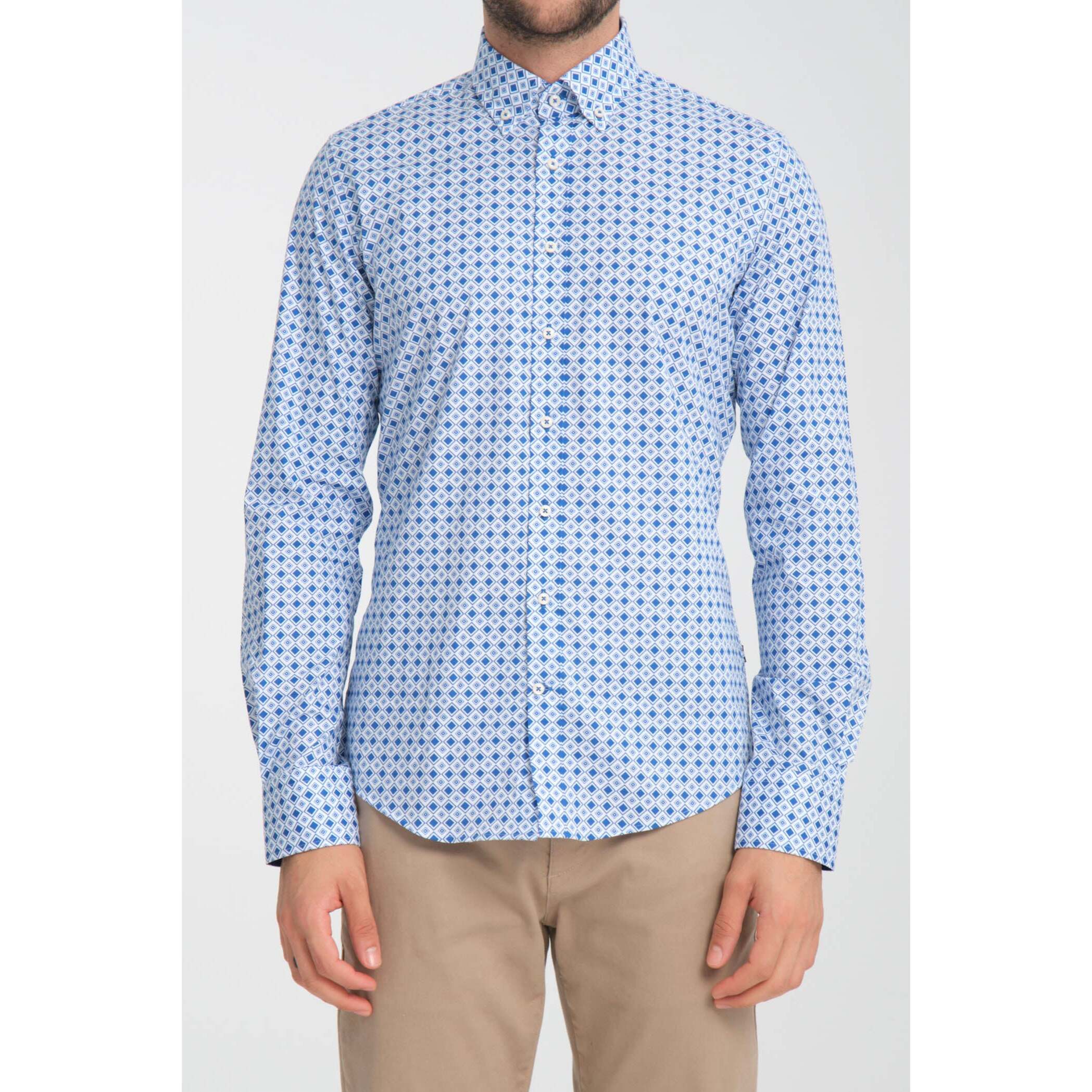 camicia uomo 1 bottone button down slim Popeline Stretch Stampato Bianco/Bluette
