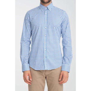 camicia uomo 1 bottone button down slim Popeline Stretch Stampato Bianco/Bluette