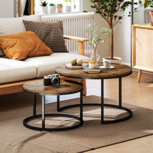 Lot de 2 tables basses rondes gigogne empilables piètement acier noir plateau aspect bois vieilli