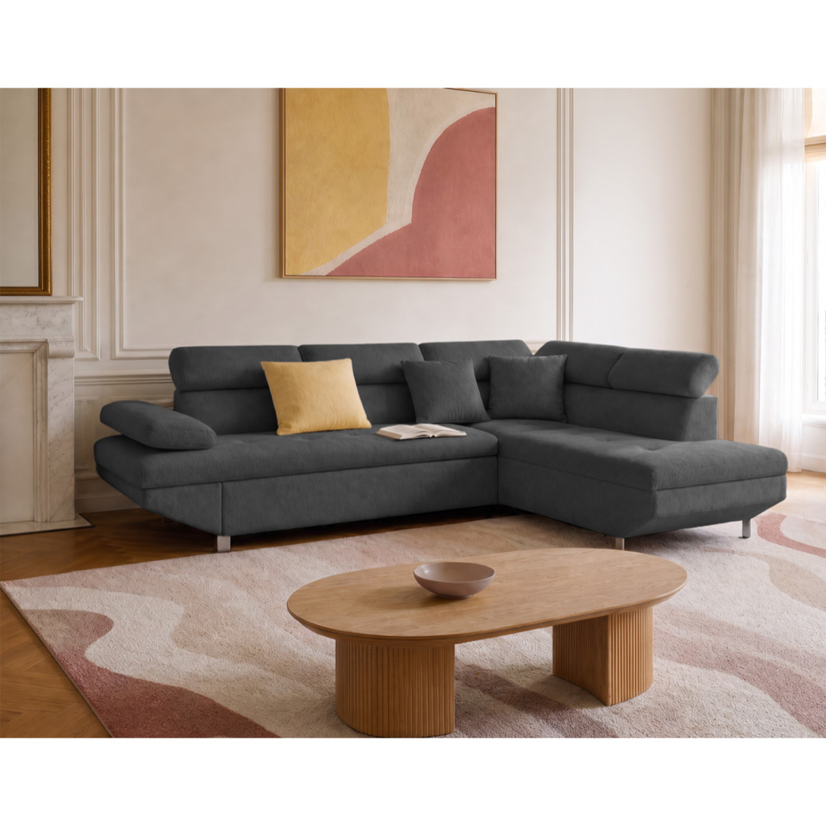 Margaux - Canapé d'angle droit 5 places convertible avec coffre et têtières réglables en velours texturé - Gris