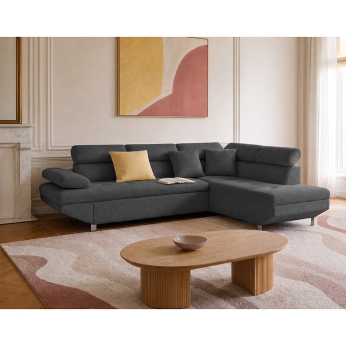 Margaux - Canapé d'angle droit 5 places convertible avec coffre et têtières réglables en velours texturé - Gris