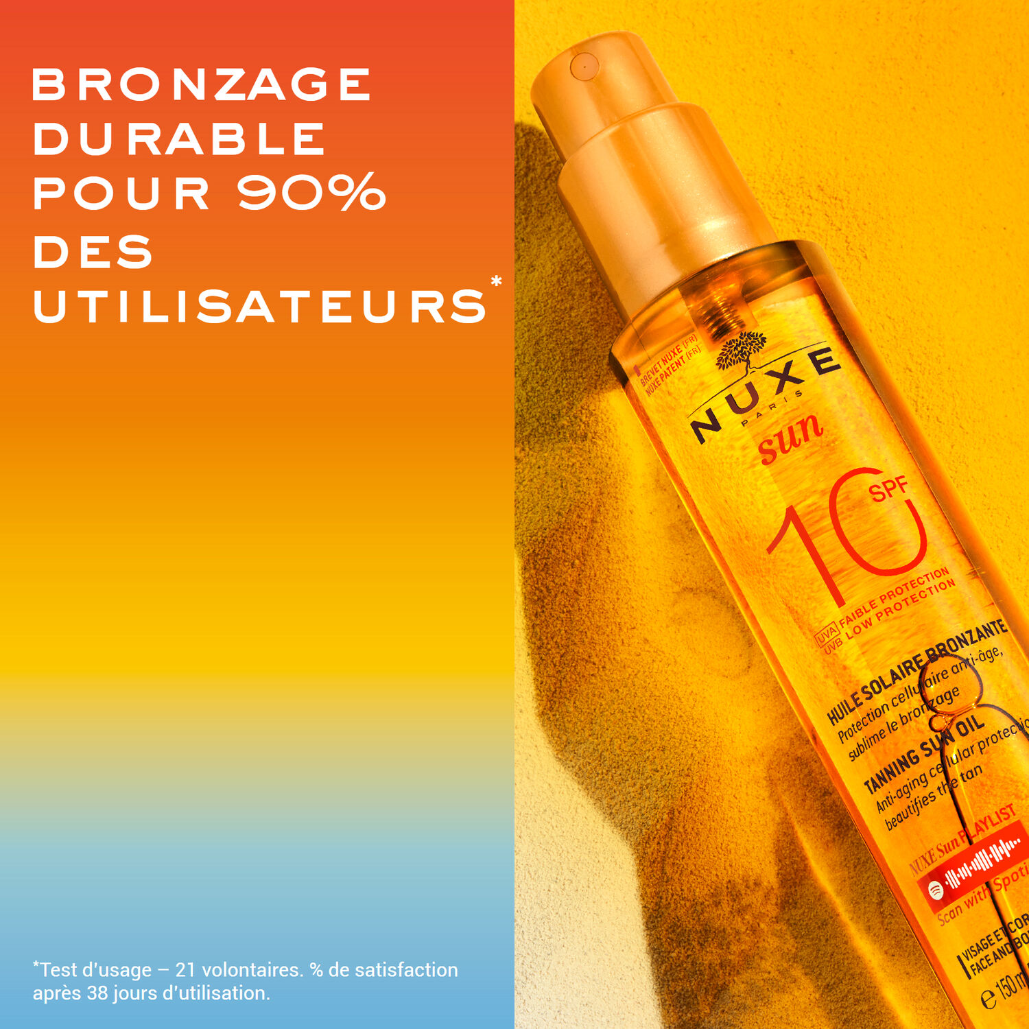 Huile solaire bronzante faible protection SPF10  - Nuxe Sun - Tous types de peaux - 150ml