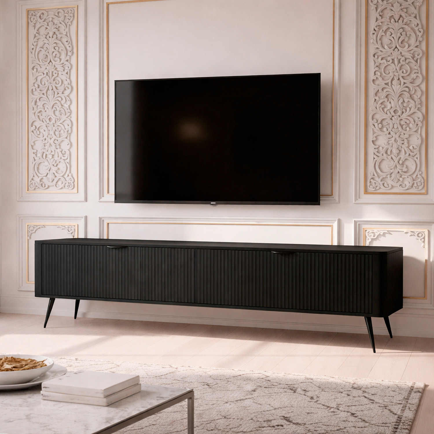 Mobile Porta TV Con 2 Ante A Ribalta Finitura Cannettato Mobiletto Design Moderno Elegante Piedini Slanciati Soggiorno Camera  200 x 51 x 38 cm nero
