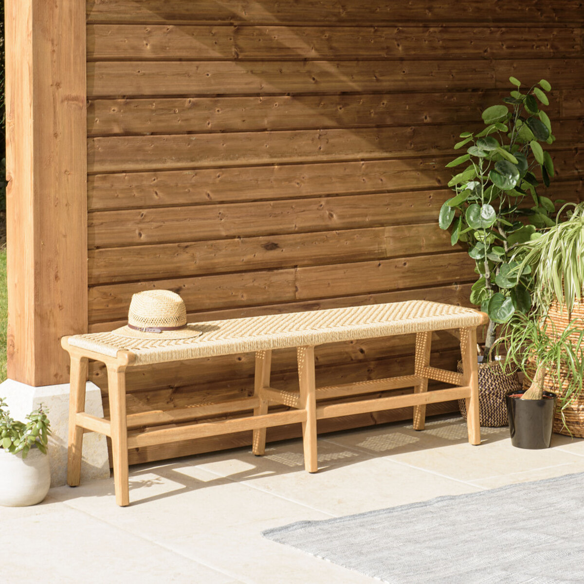 VALERIA - Banc de jardin 3 places teck assise rotin synthétique beige