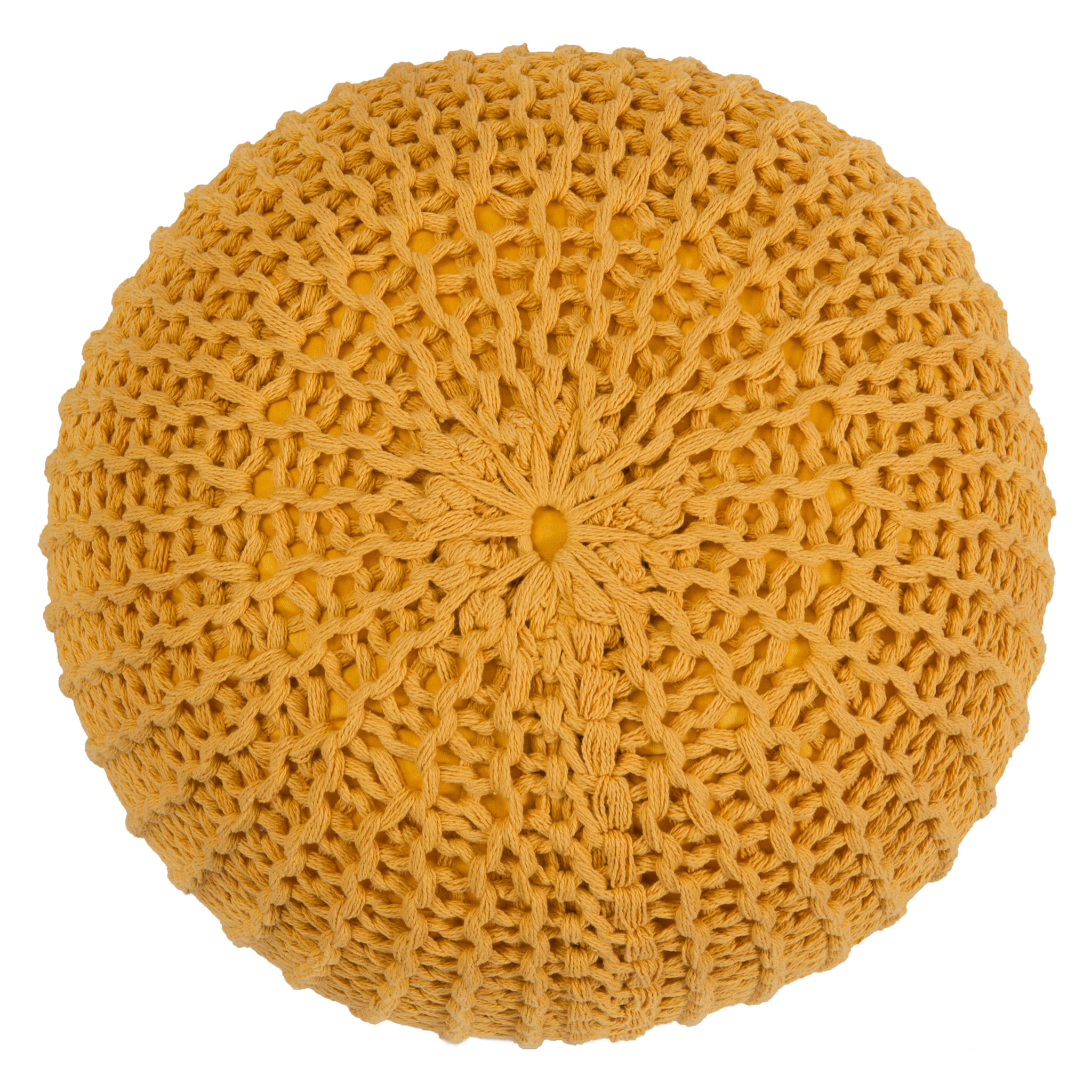 Pouf tricot rond en coton jaune moutarde D40 cm - Elisa