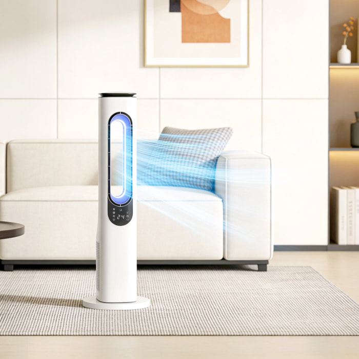Ventilador de Torre sin Aspas, Ventilador de Pie Silencioso 35dB con Luces LED, Control Remoto, 3 Velocidades, 3 Modos, Temporizador 15H, Oscilación 50°, Pantalla LED, para Dormitorio, Blanco