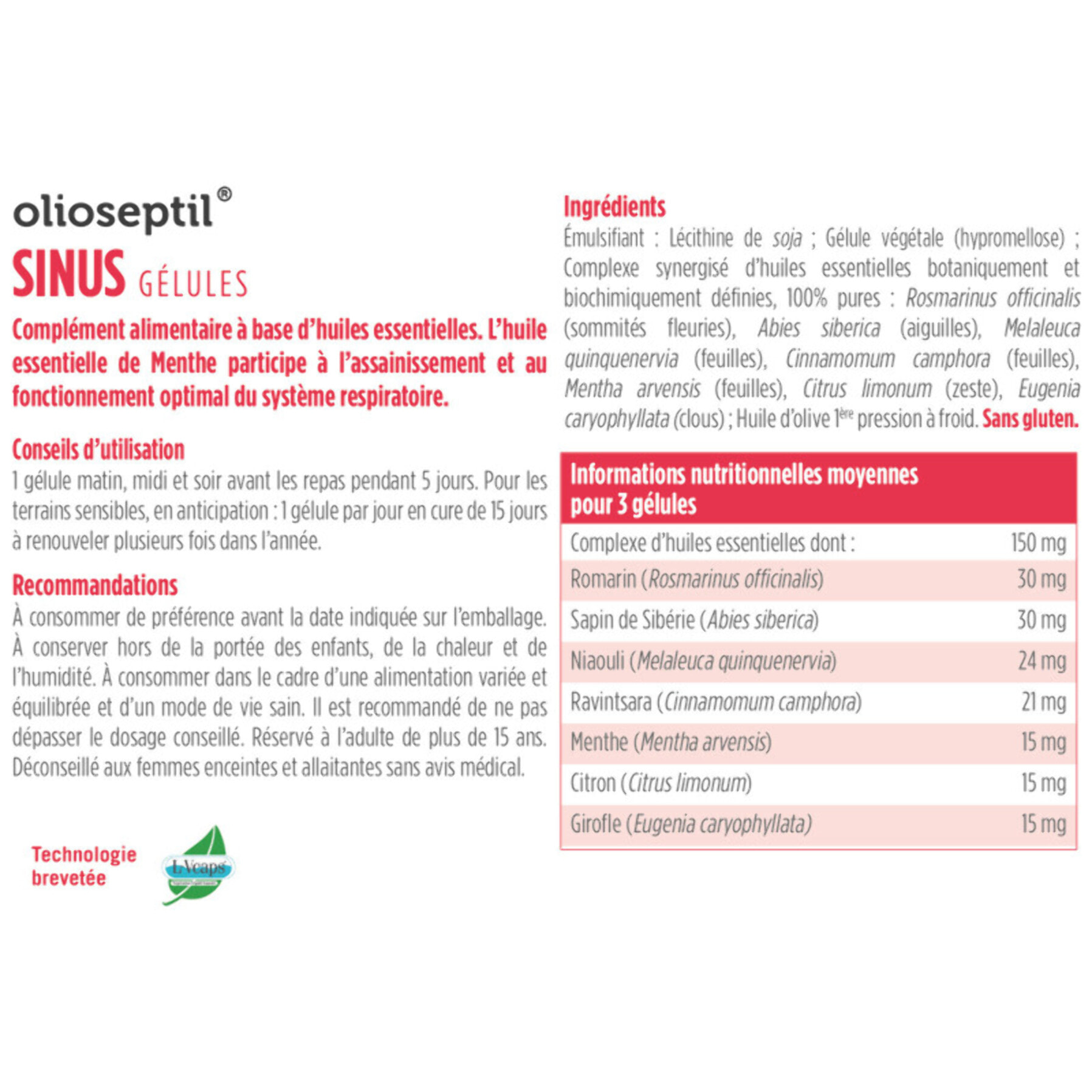 OLIOSEPTIL - Gélules Sinus - Complexe de 7 Huiles Essentielles Pures et Chémotypées en Gélules Végétales L-Vcaps - Dès 15 Ans - Participe au Fonctionnement Optimal du Système Respiratoire - Lot de 3