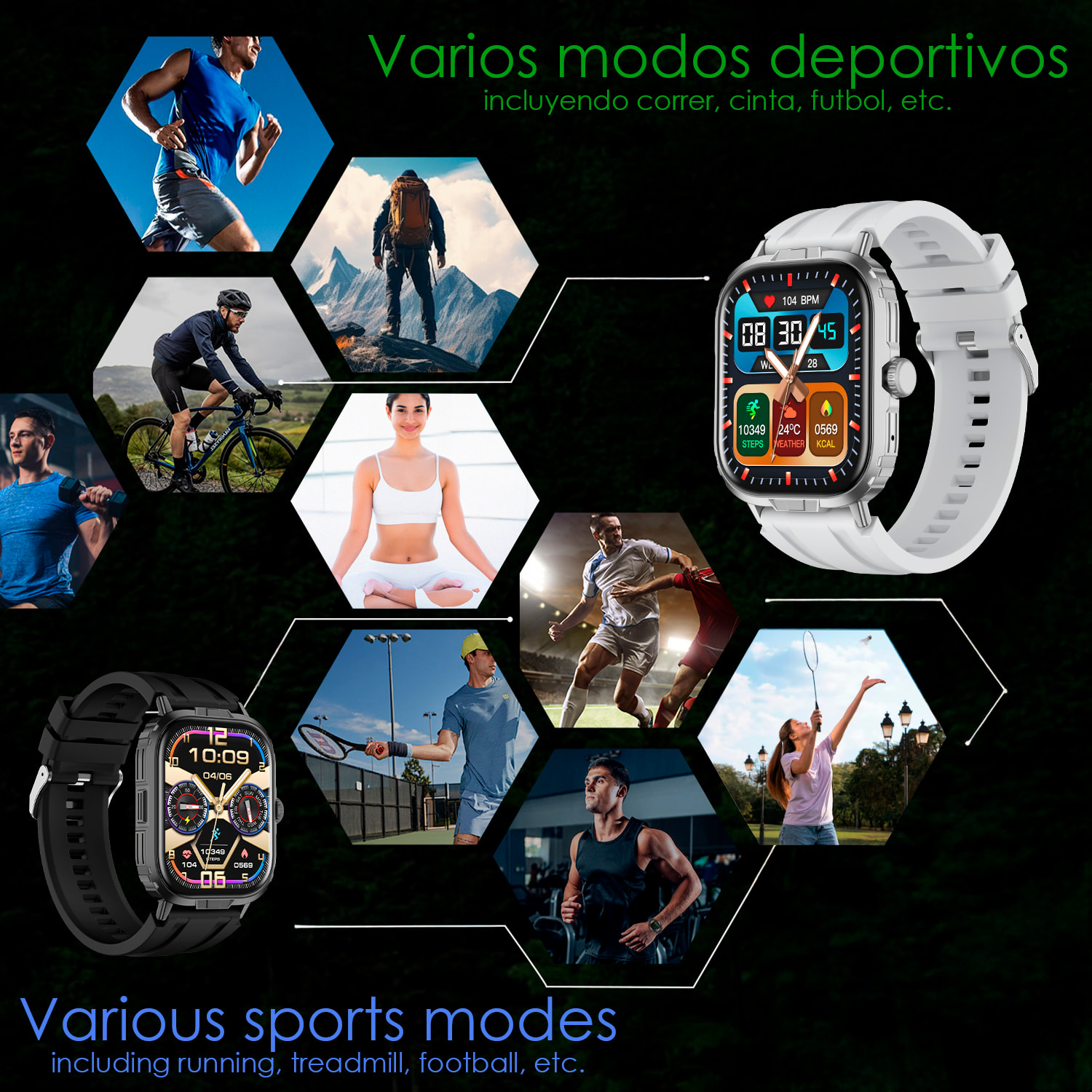 Smartwatch M106 con doble correa una de silicona y otra de nylon. Notificaciones de Apps, monitor de salud, modos deportivos.