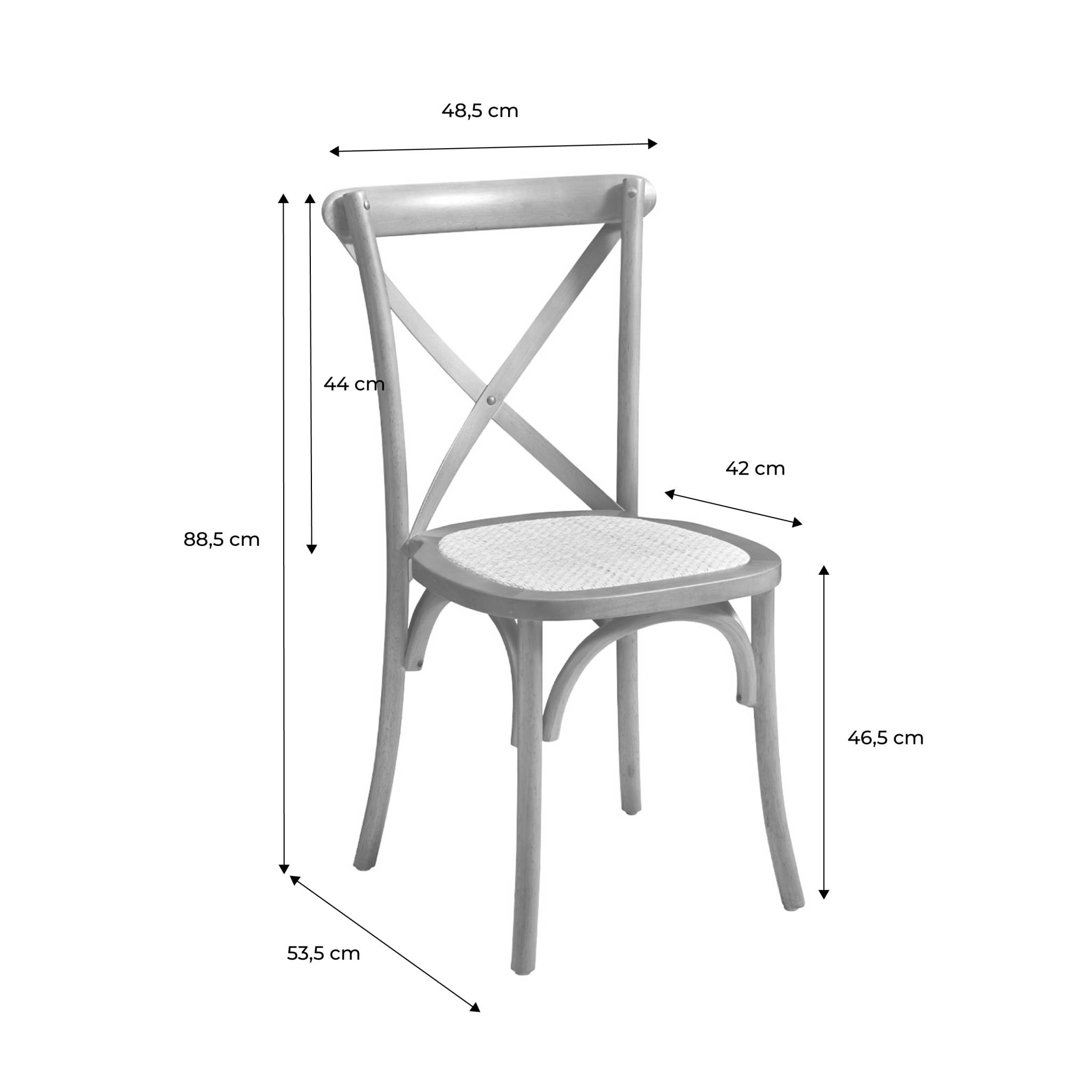 Lot de 4 chaises de bistrot en bois d'hévéa effet noyer. vintage. assise en rotin. empilables