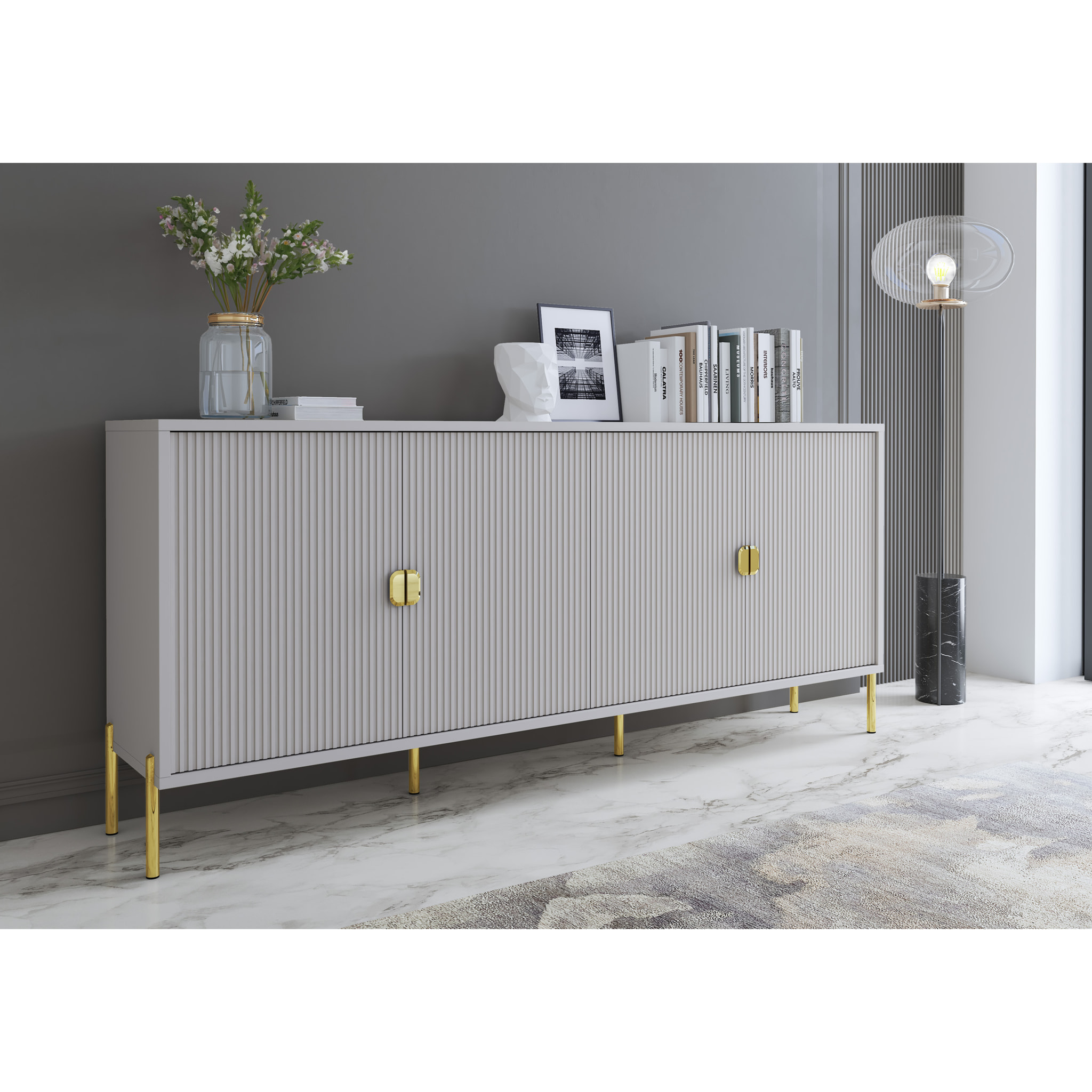 Madia Moderna Credenza In Melaminico Opaco Con 4 Ante E Piedini Alti Mobile Contenitore Design Soggiorno Salotto Sala Pranzo 203 x 49 x 87 Cm Grigio