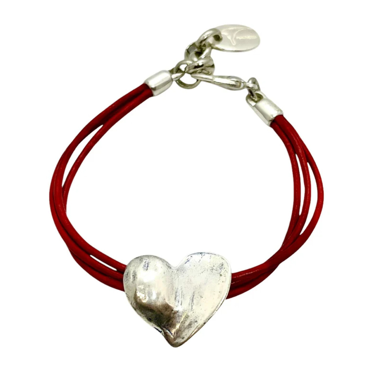 Pulsera corazón cuero rojo plata chapado