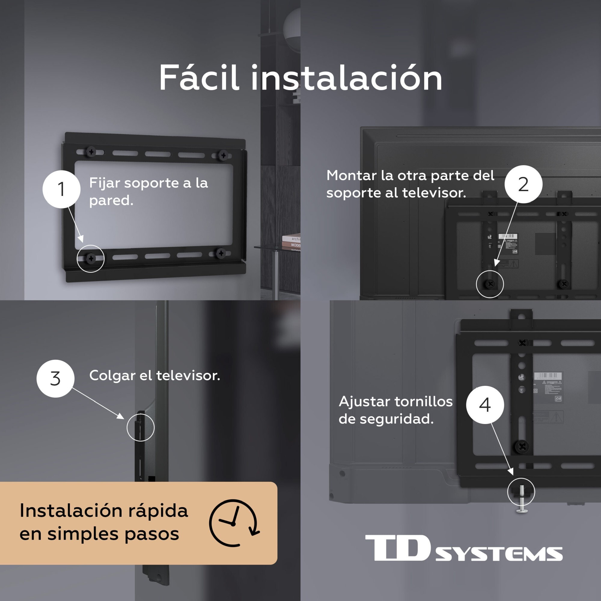 Soporte de TV pared fijo de bajo perfil para pantallas de 14 a 43 pulgadas. VESA máximo de 400 x 400 mm - TD Systems P20X25F22