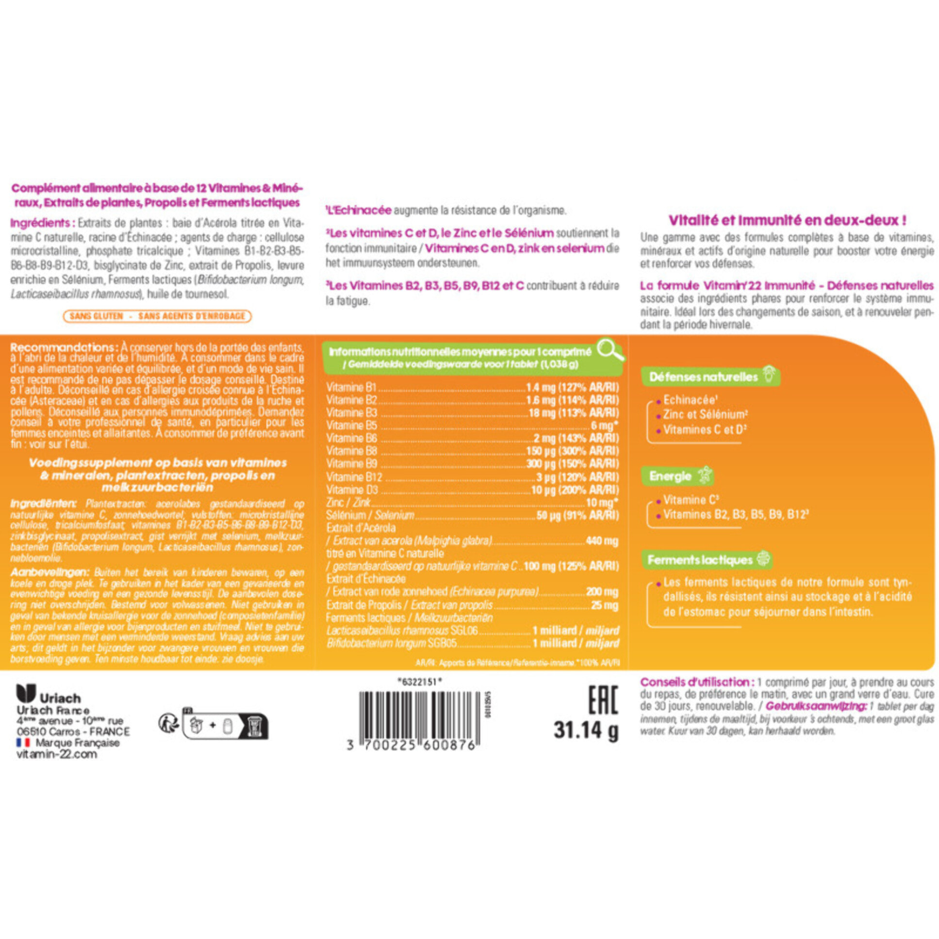 VITAMIN'22 - Immunité - Vitamines, Minéraux, Échinacée et Propolis - Renforce les défenses immunitaires et réduit la fatigue - Cure de 30 jours