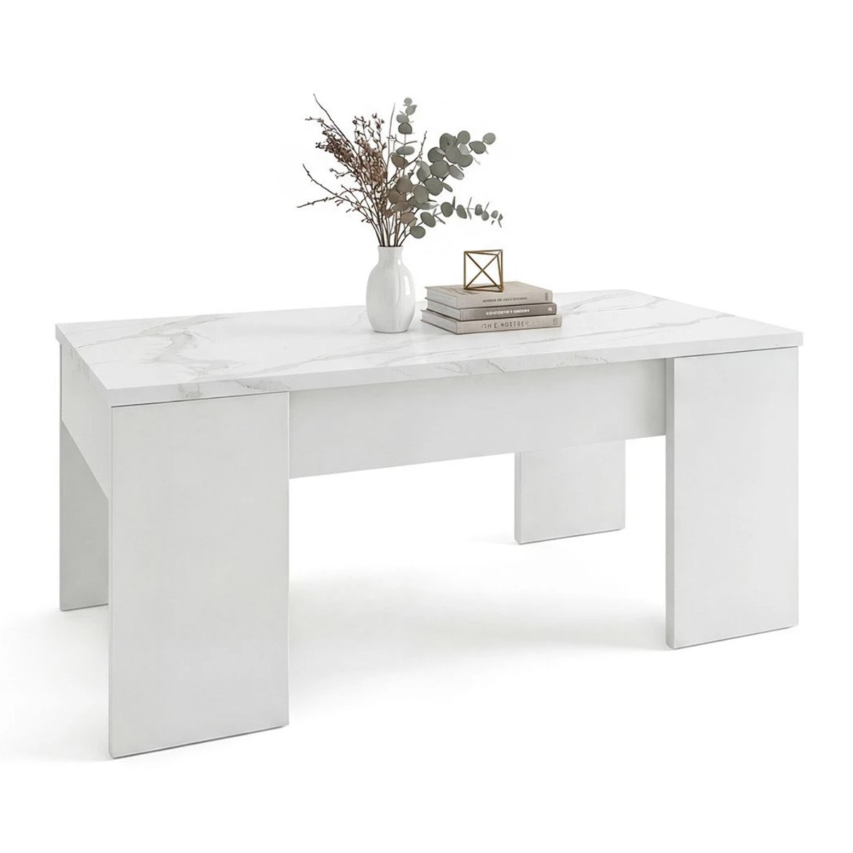 Mesa de centro elevable con almacenaje en blanco artik y efecto mármol blanco mate 100x45-56 cm Vita Blanco Artik (Blanco Mate) - Mármol Blanco Mate
