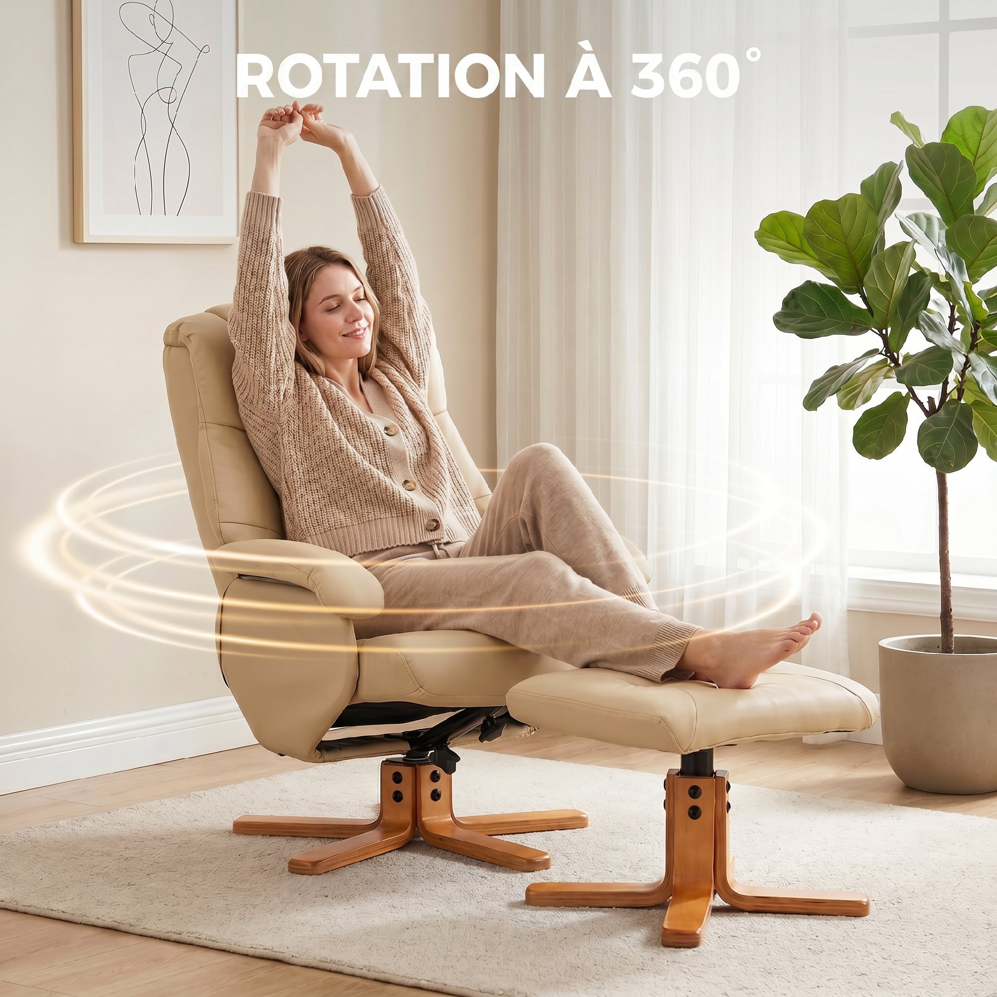 Fauteuil relax inclinable pivotant avec repose-pied piètement bois clair synthétique beige