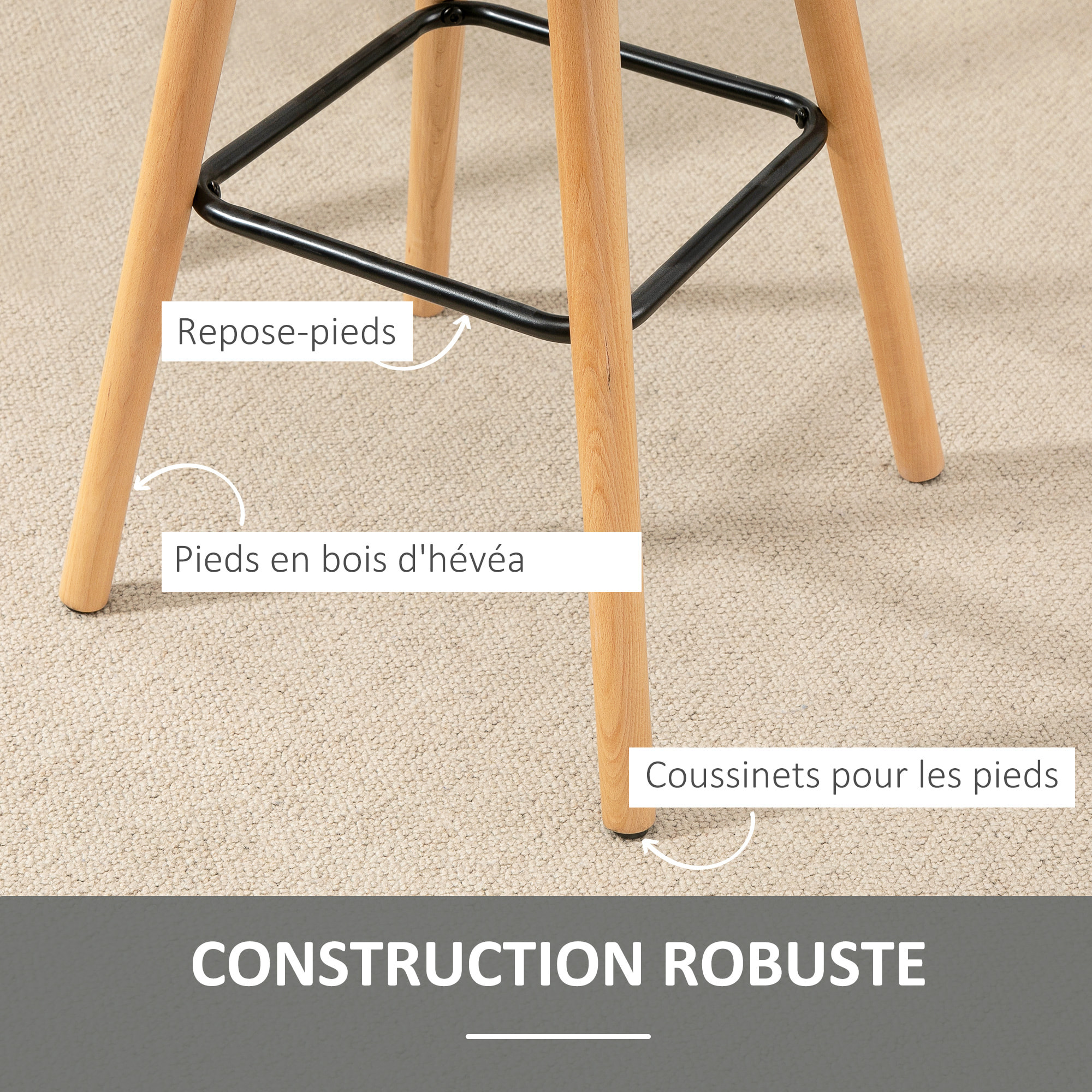 Lot de 2 tabourets de bar style scandinave effet capitonné - chaises de bar - bois effet lin gris